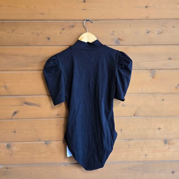 Mangopop Puff Ruched Sleeve Mock Neck Black Bodysuit NWT Small Top Blouse Shirt - Picture 3 of 5